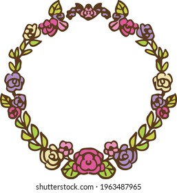 Hand drawn round frame of pink flowers