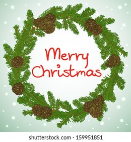 Hand drawn round frame in shape of christmas wreath with fir tree branches and pine cones. Invitation or greeting card template.