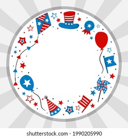 Hand drawn round frame for USA Independence Day. Template by July 4th in national colors of the United States of America. Vector illustration for kids poster design in doodle style.