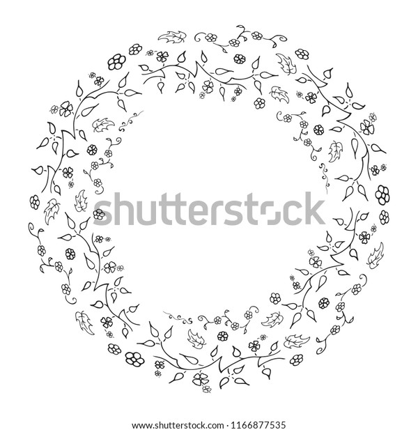 Hand drawn round frame. Vector. Isolated. Floral\
design wreath.