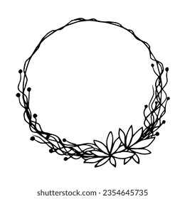 Hand drawn round frame in vintage style with floral elements. Flowers, petals, winding branches. For product design, templates. Ink sketch.