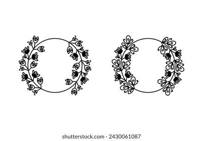 Hand drawn round frame in vintage style with floral elements
