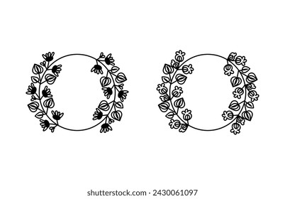 Hand drawn round frame in vintage style with floral elements