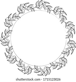 Hand drawn round frame and wreath isolated on white background. Hand sketched design element. Unique and ready to use for decoration.