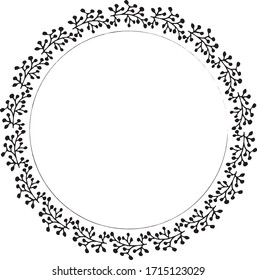 Hand drawn round frame and wreath isolated on white background. Hand sketched design element. Unique and ready to use for decoration.