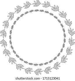 Hand drawn round frame and wreath isolated on white background. Hand sketched design element. Unique and ready to use for decoration.