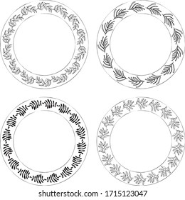 Hand drawn round frame and wreath isolated on white background. Hand sketched design element. Unique and ready to use for decoration.