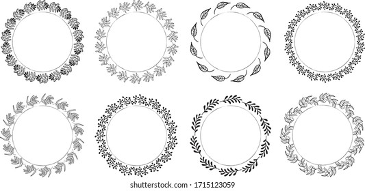Handgezeichnet, runder Rahmen und Kranz einzeln auf weißem Hintergrund. Handskizziertes Design-Element. Einzigartig und einsatzbereit für die Dekoration.