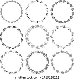 Hand drawn round frame and wreath isolated on white background. Hand sketched design element. Unique and ready to use for decoration.