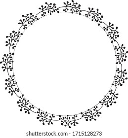 Hand drawn round frame and wreath isolated on white background. Hand sketched design element. Unique and ready to use for decoration.