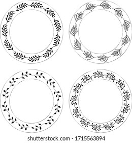 Hand drawn round frame and wreath isolated on white background. Hand sketched design element. Unique and ready to use for decoration.