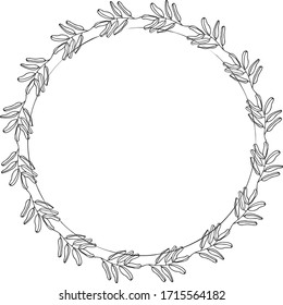 Hand drawn round frame and wreath isolated on white background. Hand sketched design element. Unique and ready to use for decoration.