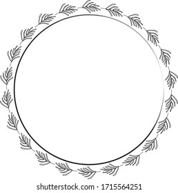 Hand drawn round frame and wreath isolated on white background. Hand sketched design element. Unique and ready to use for decoration.
