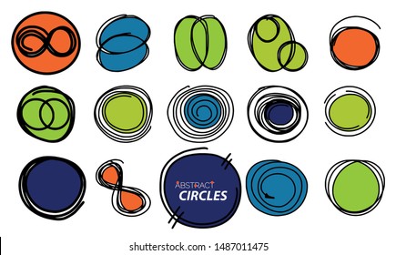 Hand drawn round frames, circles. Set of sketch icons, logos, backgrounds. Vector illustration