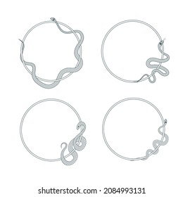 Hand drawn round frames with snakes. Mystical serpent borders for greeting cards. Vector illustration.