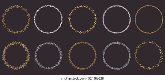 Hand drawn round frames and wreaths isolated on black background. Hand sketched design elements with gold and white color. Unique and ready to use!