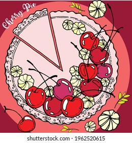 Ilustración de arte vectorial circular de frutería dibujada a mano con coloridos toques de fruta. Pastel de cerezo con galletas merengue. Diseño de plantilla para página de coloreado, tarjeta de saludo, icono de menú, panadería, patrón