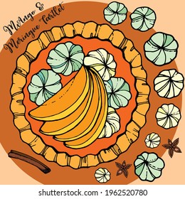 Hand drawn round fruity pie vector art illustration with colourful fruit toppings. Mango tartlet with meringue cookies. Template design for colouring page, greeting card, menu icon, bakery, pattern