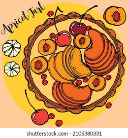 Hand drawn round fruity pie vector art illustration with colourful fruit toppings. Apricot tartlet with meringue cookies. Template design for colouring page, greeting card, menu icon, bakery, pattern