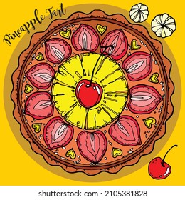 Hand drawn round fruity pie vector art illustration with colourful fruit toppings. Pineapple and strawberry with meringue cookies. Template for colouring page, greeting card, menu icon, bakery