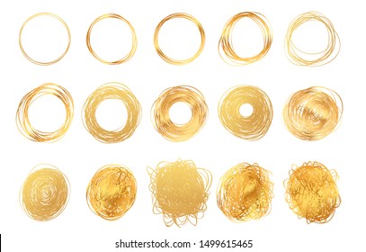 Hand Drawn Round Golden Pencil Scribble Frames. Set Of Edge Torn Gold Box. Vector Illustration Hatch Foil Circles. Isolated On White Background.
