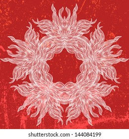 Hand drawn round grunge ornament, with thin lines and smooth waves, very detailed and flourish frame, in white on red background for music poster, tattoo, vintage packaging design, wedding invitation