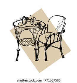 Hand drawn  round little table with coffee