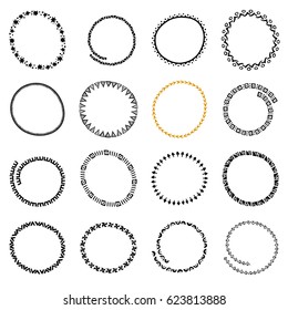 Hand drawn round logo frames set. Collection of Ethnic Stylized Templates for identity design, save the date wedding invitation, stamp or frame. Pattern brushes are included.