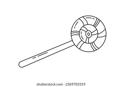 Hand drawn round lollipop on stick. Simple icon of sweet candy, dessert. Christmas lollipop. Candy logo template for coffee shop, restaurant, menu. Vector linear illustration