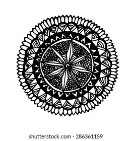 Hand drawn round mandala symbol. Ornate vector black design element isolated on white background.