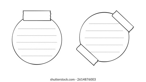 Hand drawn round memo paper sheet set, sticky note, reminder, to do list, sticky tape. Bullet journal elements in line art doodle style.