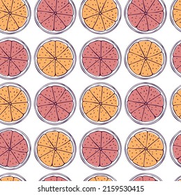 Hand drawn round orange slices on white background. Vector  seamless pattern. 