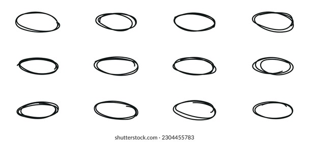 hand drawn round oval in doodle style. pen line stroke for highlighting text. elements isolated vector illustration