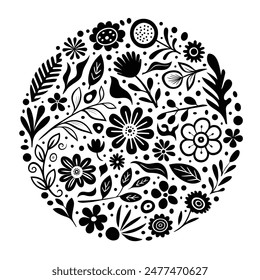Hand drawn round plant elements, flowers and leaves, vector design