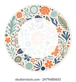Hand drawn round plant elements, frame, flowers and leaves, vector design