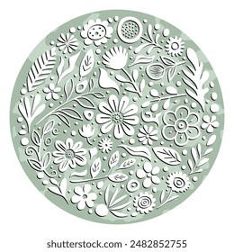 Hand drawn round plant elements, flowers and leaves, vector design