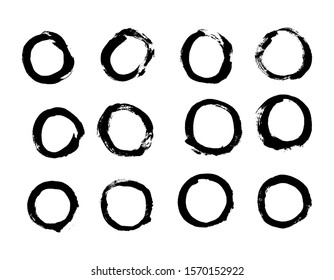Hand drawn round scribble symbols isolated on white background. Painted set of frames. Doodle style sketched Elements. Ink blots. Vector Grunge Brushes Stroke. Circle Collection. Logo Design.