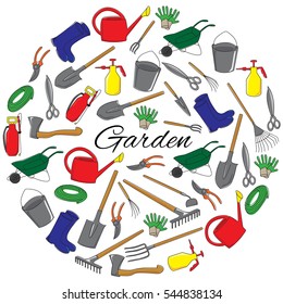 Hand drawn round set objects of garden tools and accessories