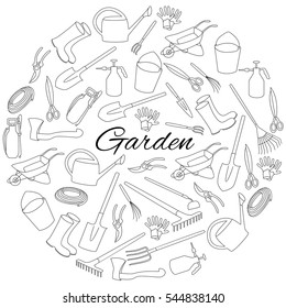 Hand drawn round set objects of garden tools and accessories