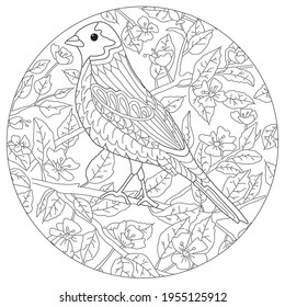 Página de coloreo de formas redondeadas dibujadas a mano para niños y adultos. Bonitos dibujos con patrones y pequeños detalles. Libro de coloración con pájaro en una rama de árbol floreciente. Vector