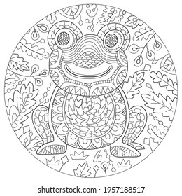 Hand drawn round shape coloring page for kids and adults. Beautiful drawings with patterns and small details. Coloring book with frog, tree branch, leaves. Vector
