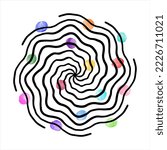 Hand drawn round shape made of radial, concentric swirling, twisting uneven wavy lines, doodle stripes. Colorful watercolor vector spots, dots, round brush strokes. Spiral, vortex circular background.