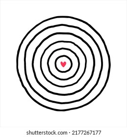Hand drawn round shape made of uneven artistic concentric circles. Radial frame, border templates, design elements set. Wide doodle stripes. Target with tiny heart in the centre. Text background.