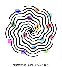 Hand drawn round shape made of radial, concentric swirling, twisting uneven wavy lines, doodle stripes. Colorful watercolor vector spots, dots, round brush strokes. Spiral, vortex circular background.