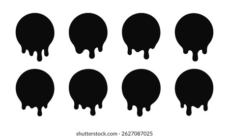 Hand drawn round sticker melted, flowing with drops of chocolate glaze, milk, ice cream, gelato, syrup. Outline, silhouette of dripping drop from cake, dessert, isolated on white background. EPS10