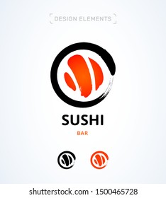 Hand drawn round sushi logo, brush style. Simple flat asian logotype