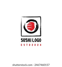 Hand drawn round sushi logo, brush style. Simple flat asian logo with square shape