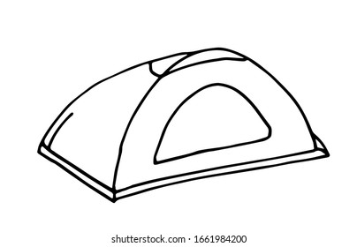 Icono de doodle de carpa dibujado a mano. Un simple golpe negro. Caminatas, viajes, camping. Signo. Elementos decorativos. Fondo blanco. Aislado. Diseño plano. Dibujo de dibujos animados.