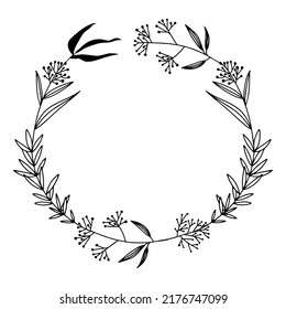 Hand drawn round vector frame with flowers and leaves.