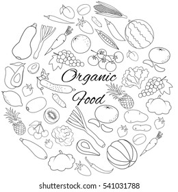 Hand drawn round vector set whith fruits, vegetables and berries
